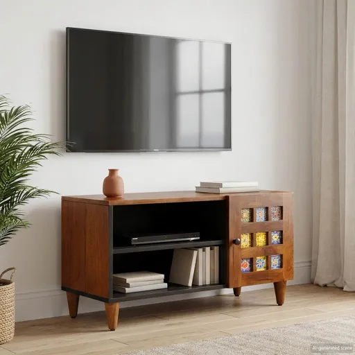 Mueble de TV Nogal 80 x 33 x 46 cm Madera de Mango Maciza