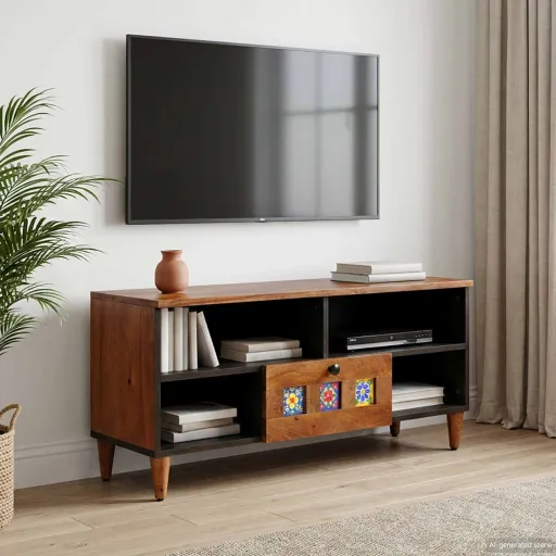 Mueble de TV Nogal 100 x 33 x 46 cm Madera de Mango Maciza