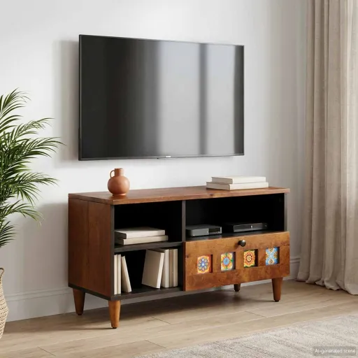 Mueble de TV Nogal 80 x 33 x 46 cm Madera de Mango Maciza