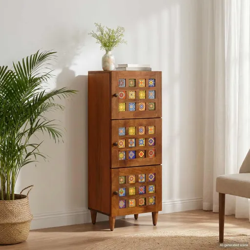 Aparador Alto Nogal 40 x 33 x 110 cm Madera de Mango Maciza