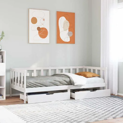 Sofá Cama Con Cajones Madera Maciza de Pino Blanca 90x190 cm
