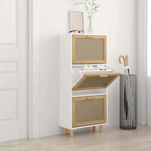 Zapatero Madera Contrachapada Blanco Ratán Natural 52x25x115 cm
