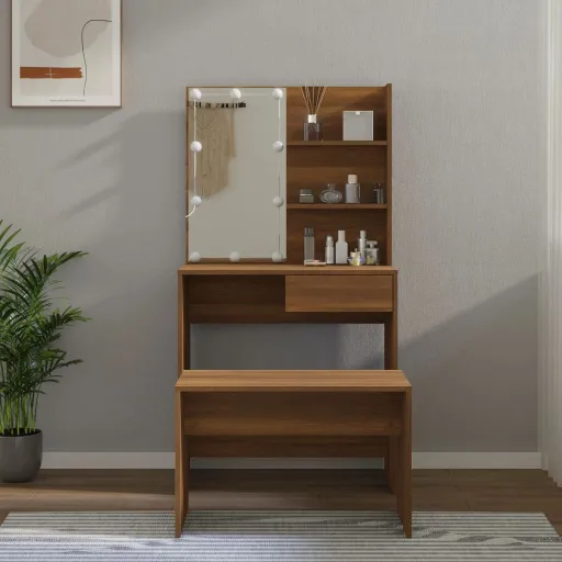 Juego de Tocador Con LED Madera Contrachapada Roble Marrón