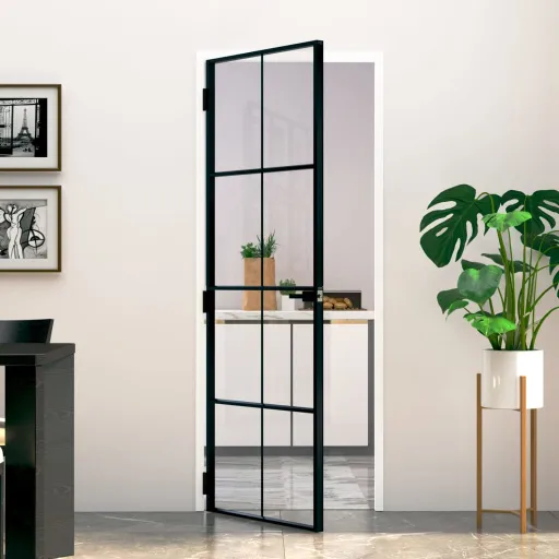 Puerta de Interior Vidrio Templado y Aluminio Negro 76x201,5 cm