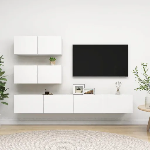 Set de Muebles de Salón TV 4 Piezas Madera de Ingeniería Blanco