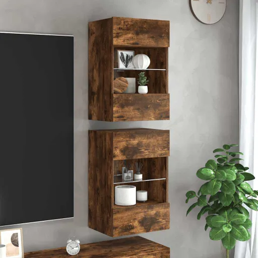 Armarios de Pared Con Luces LED Para TV 2 Uds Roble Ahumado 40x30x60,5 cm
