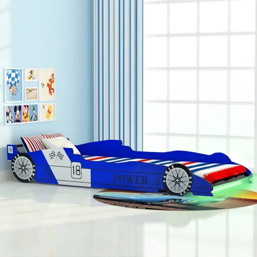 Cama Infantil Con Forma de Coche Carreras y LED 90x200 cm Azul