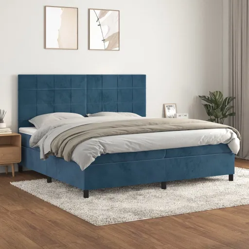 Cama Box Spring Con Colchón Terciopelo Azul Oscuro 200x200 cm