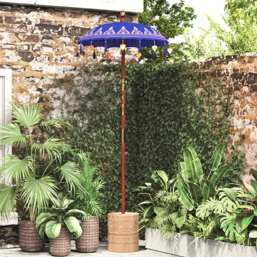 Parasol Con Base Azul y Marrón 250 cm Algodón y Madera
