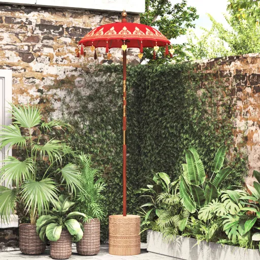 Parasol Con Base Rojo y Marrón 250 cm Algodón y Madera
