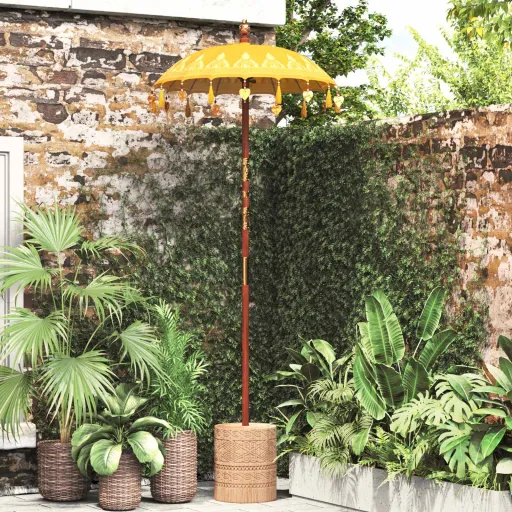 Parasol Con Base Amarillo y Marrón 250 cm Algodón y Madera