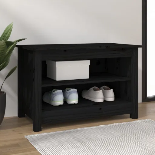 Banco Zapatero Madera de Pino Maciza Negro 70x38x45,5 cm