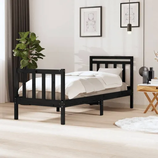 Estructura Cama Madera Maciza Individual Negro 75x190 cm