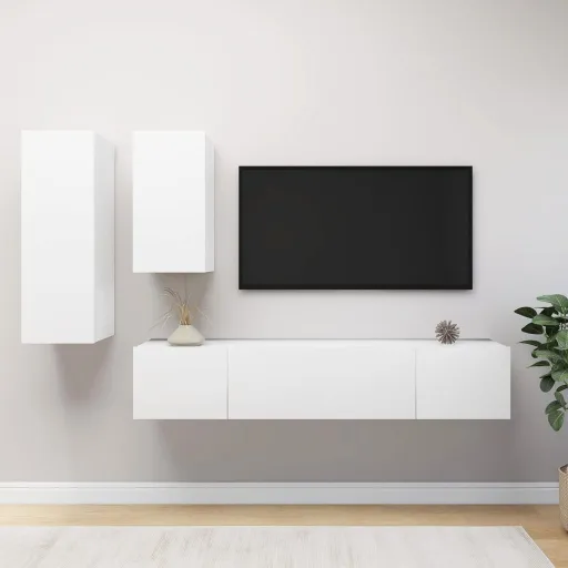 Set de Muebles de Salón TV 4 Piezas Madera de Ingeniería Blanco