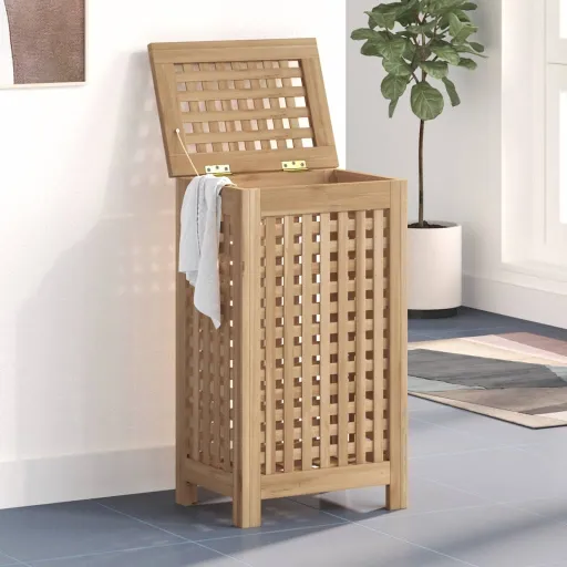 Cesto de la Ropa Sucia Madera Maciza de Teca 35x25x60 cm