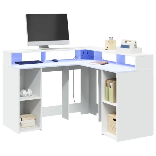 Escritorio Con Luz LED Madera Ingeniería Blanco 130x130x91 cm