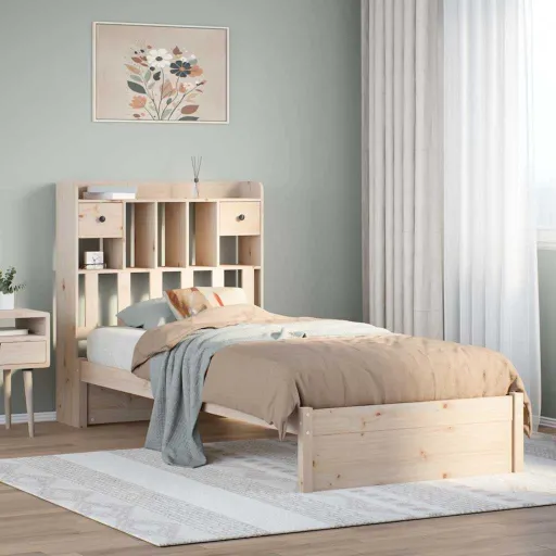 Cama Con Estantería Sin Colchón Madera Maciza de Pino 75x190 cm