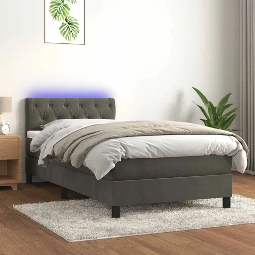 Cama Box Spring Colchón y LED Terciopelo Gris Oscuro 80x200 cm
