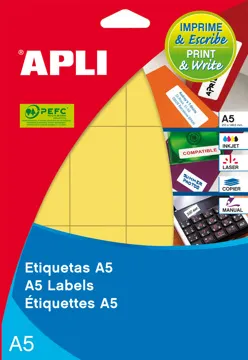 Etiquetas Adhesivas Pegatinas APLI A5 Ø19mm, Color Amarillo. Compatibles Con Impresoras Inkjet, Láser, Manuales y Fotocopiadoras.
