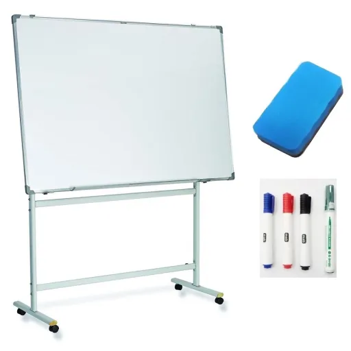 Pizarra Blanca Magnética de Acero Vitrificado Bi-Office 120×120 cm Con Ruedas y Accesorios + 4 Rotuladores y Borrador