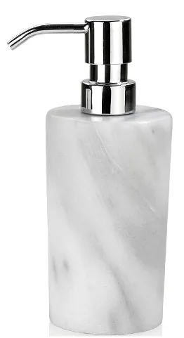 Dispensador de Jabón Con Efecto Mármol Blanco de 7x18 cm Con Bomba de Metal Plateado