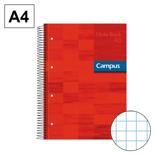 Cuaderno Espiral Tapa Extradura A4 80 Hojas 90GR Cuadrícula 5mm Rojo – Campus
