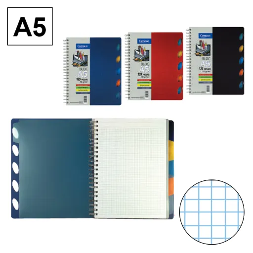 Cuaderno Espiral Tapa Polipropileno A5 120 Hojas 70GR Cuadrícula 4mm Con 5 Separadores – Campus