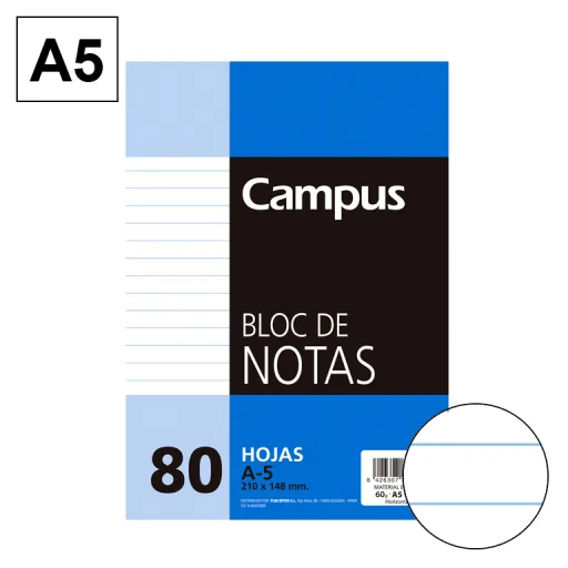Bloc de Notas Microperforado A5 80 Hojas 60g Rayado Horizontal – Campus