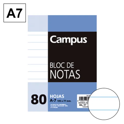 Bloc de Notas Microperforado A7 80 Hojas 60g Rayado Horizontal – Campus