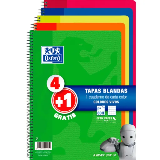Bloc Espiral Oxford Folio 80 Hojas Cuadrícula 4 mm (Pack 4+1) – Oxford
