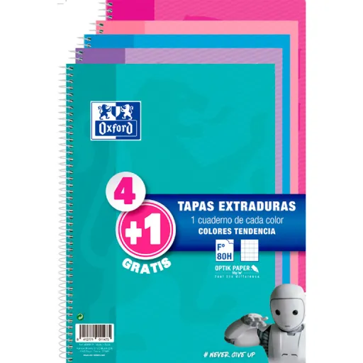 Bloc Espiral Oxford Folio 80 Hojas Cuadrícula 4 mm (Pack 4+1) Tapa Dura – Oxford