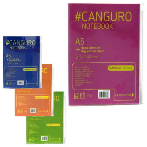 Bloc A5 Canguro 32 Hojas 70g Líneas Colores Surtidos Con Funda Zip - Campus