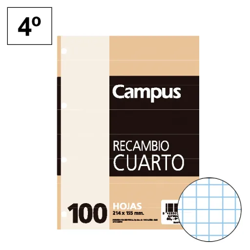 Recambio de Hojas 155 x 215 mm 100 Hojas 60GR Cuadrícula 4 mm – Campus