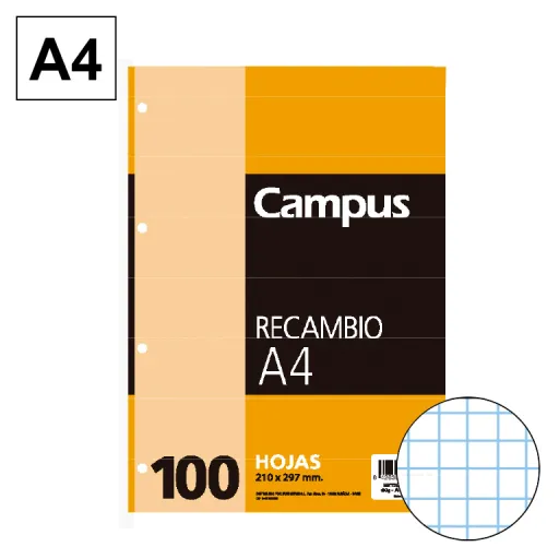 Recambio de Hojas A4 100 Hojas 60GR Cuadrícula 4 mm – Campus