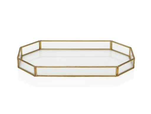 Bandeja Decorativa de Vidrio Espejado y Metal Dorado 27 x 15,5 x 2,5 cm