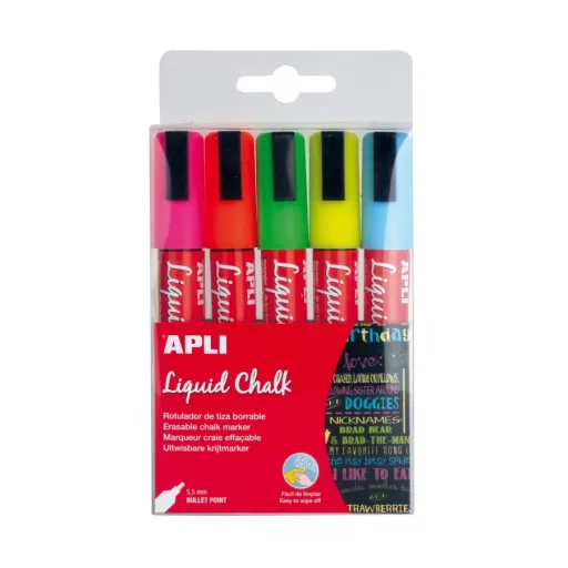 Rotuladores de Tiza Líquida Punta Redonda 5,5 mm Colores Surtidos (Pack 5 Ud.) – Apli