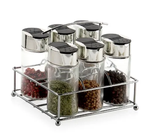 Organizador de Especias de Vidrio y Metal Cromado 6 Piezas 14,5x14,5x13 cm