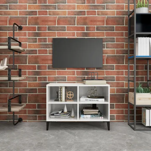 Mueble de TV Con Patas de Metal Blanco Brillante 69,5x30x50 cm