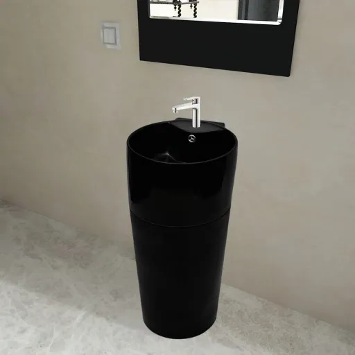 Lavabo Redondo de Cerámica Con Orificio de Grifo/Desagüe Negr