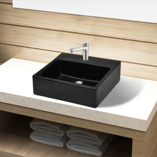 Lavabo de Cerámica Cuadrado Con Orificio de Grifo/Desagüe Negro