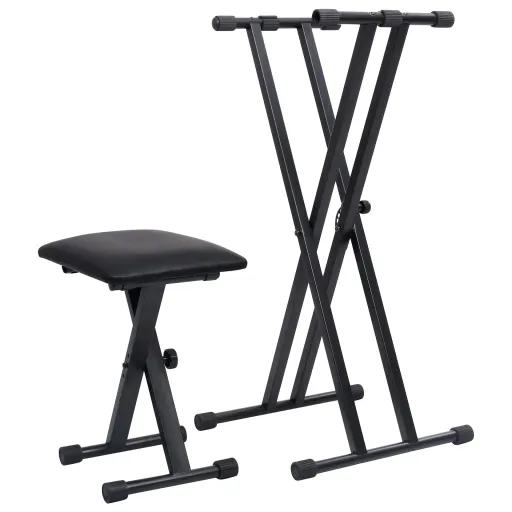 Set de Soporte Para Teclado Con Doble Refuerzo y Taburete Negro