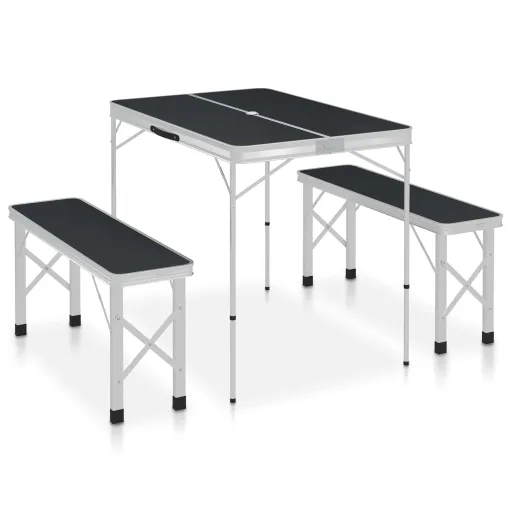 Mesa de Camping Plegable Con 2 Bancos Aluminio Gris