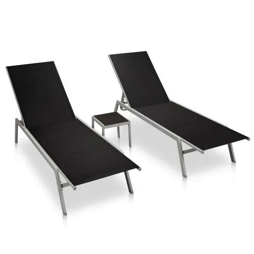 Tumbonas Con Mesitas 2 Uds Acero y Textileno Negro