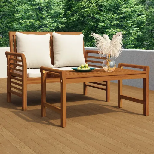 Banco de Jardín Cojines Blanco Crema Madera Maciza de Acacia