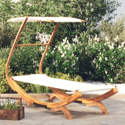 Tumbona Con Dosel Madera Maciza Curvada Crema 100x190x134 cm