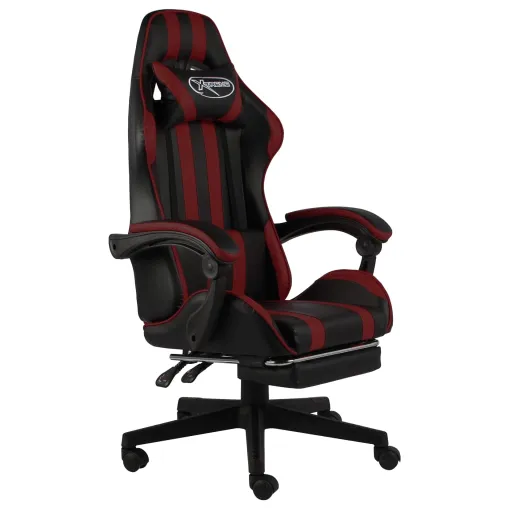 Silla Gaming Con Reposapiés Cuero Sintético Negro y Rojo Tinto
