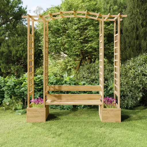 Pérgola de Jardín Con Banco y Jardineras Madera Pino Impregnada