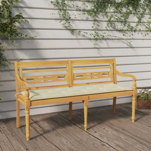 Banco Batavia Cojín Color Crema Madera Maciza de Teca 150 cm