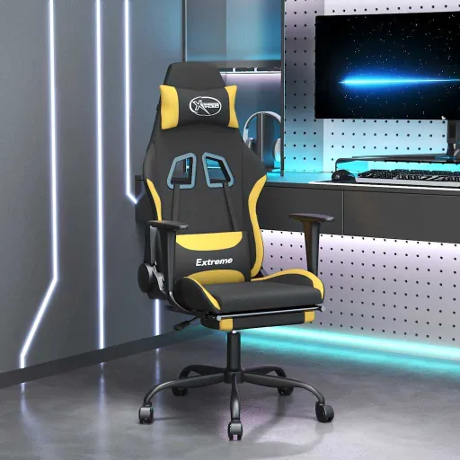 Silla Gaming de Masaje Con Reposapiés Tela Negro y Amarillo