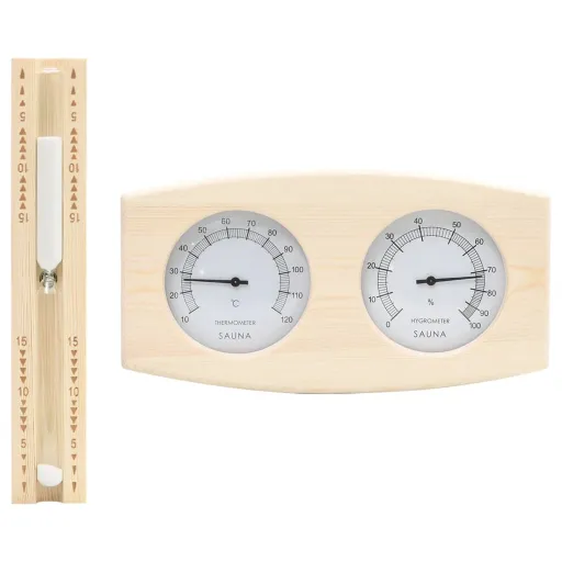 Higrotermógrafo y Reloj de Arena Para Sauna 2 en 1 Madera Pino